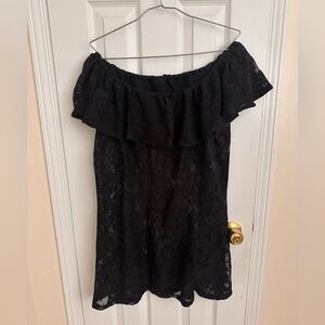 Jules & Leopard Black Lace Off-Shoulder Swim Cover-Up